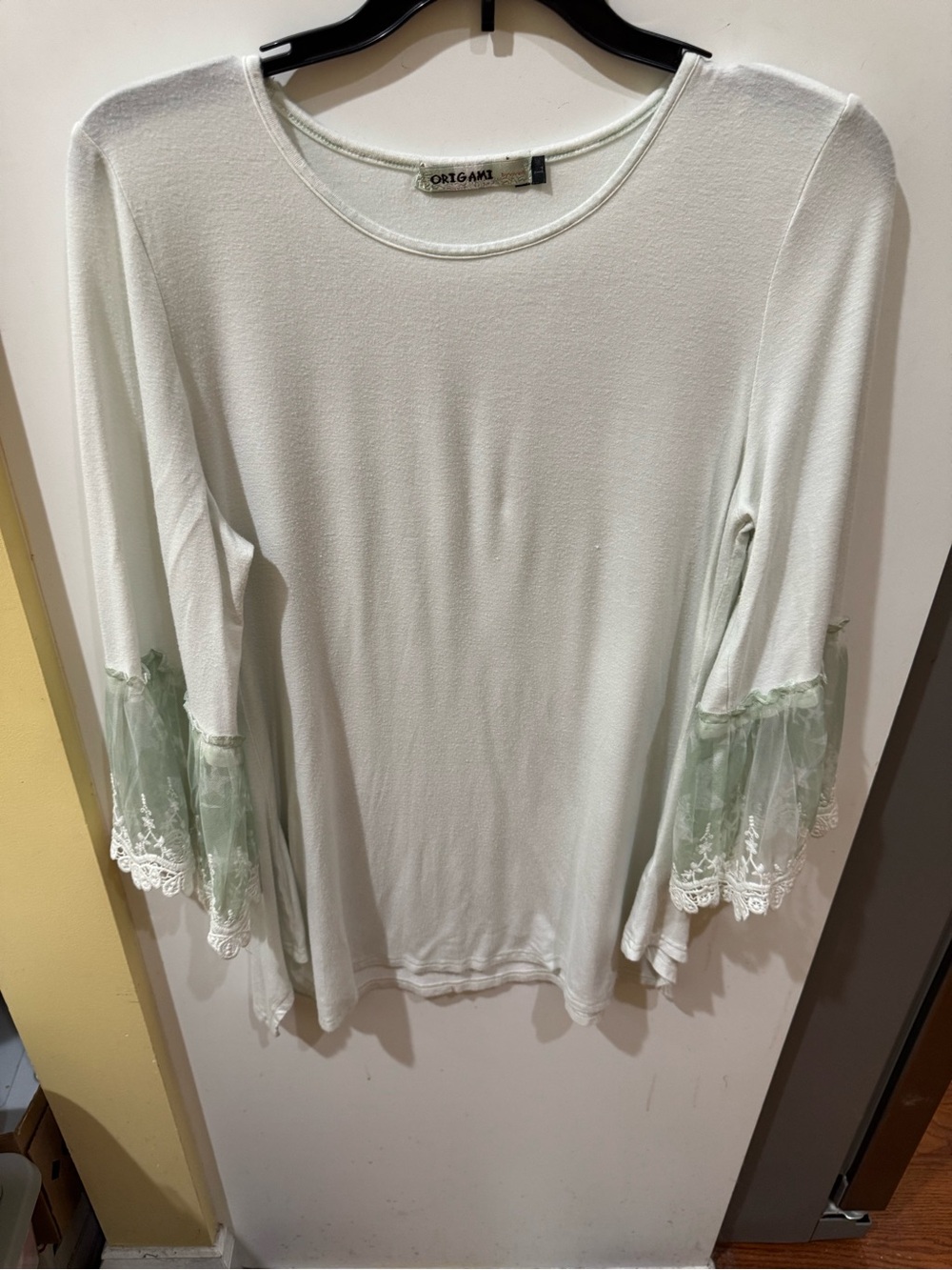 Origami White Long-Sleeve Top with Mint Lace Bell Sleeves